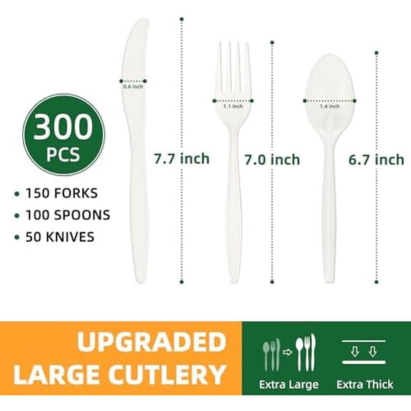 100% Compostable Cutlery Set, 300pcs (150 Forks,100 Spoons,50 Knives) Disposable Cornstarch Utensils Heavy Duty BPI Certified Eco-Friendly Party Supplies No Plastic, Ivory White