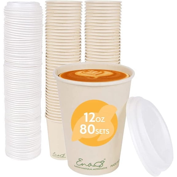 100% Compostable Disposable Coffee Cups with Lids 12oz 80 Set Paper Cups Made from Unbleached Bamboo Fiber Compostable Lids To Go Coffee Cups with Lids by General