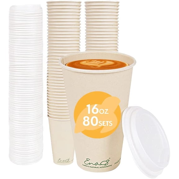 100% Compostable Disposable Coffee Cups with Lids [16oz 80 Set] Paper Cups Made from Unbleached Bamboo Fiber, Compostable Lids, To Go Coffee Cups with Lids, by General
