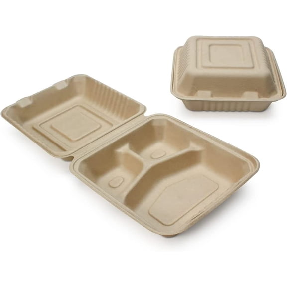 100% Compostable Disposable Food Containers with Lids [8X8 3-Comp 200 Pack] Eco-Friendly Take-Out TO-GO Containers, Heavy-Duty, Biodegradable, Unbleached by