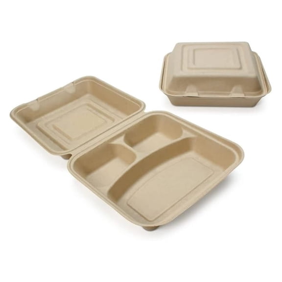 100% Compostable Disposable Food Containers with Lids [9”X9” 3-Comp 200 Pack] Eco-Friendly Take-Out TO-GO Containers, Heavy-Duty, Biodegradable, Unbleached by
