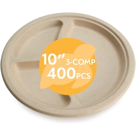 100% Compostable Disposable Paper Plates 10 Inch 3-Comp 400 Count