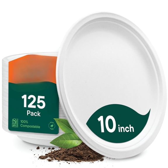 100% Compostable Disposable Paper Plates [125-Pack] - (PFAS-Free) - [10 Inch] Heavy Duty, Eco-Friendly, Biodegradable Bagasse Dinner Plates - Natural Brown 10" Plate by  (BPI Certified)
