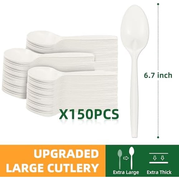 100% Compostable Disposable Spoons, 6.7" 150pcs Heavy Duty Utensils Eco-Friendly Cornstarch Cutlery Durable and BPI-Certified Party Supplies No Plastic, Ivory White