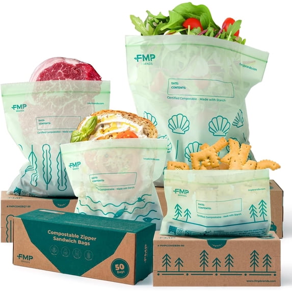 100% Compostable Food Storage Bags Set, Resealable Bags Plant-Based Freezer Bag for Food, ASTM D6400, US BPI & EU OK Compost Certified