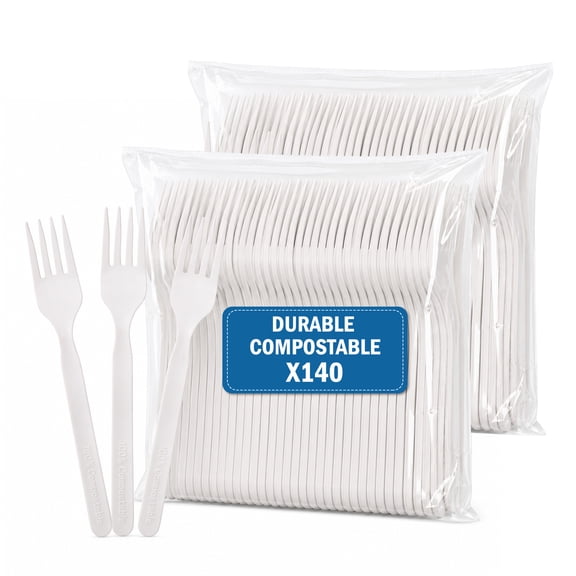 100% Compostable Forks, 140 Pack 7 Inch Large Disposable Utensils, Eco Friendly Heat Resistant Plastic Alternative
