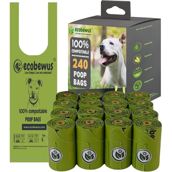 100% Compostable Handle-Tie Doggy Poop Bags (240 Bags) 16 Refill Rolls Biodegradable Plant Based ASTM D6400 & EN 13432 Compliant HOME Certiified Compostabel Pet Dog Waste Bags (240 ct.)