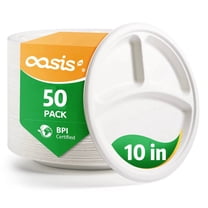 Heavy Duty Plates,OasisSN 3 Compartment 10-Inch Disposable Paper Plates,Sectional Lunch Trays   Dividers - Compostable Plates Round Plates for Home,Party, 50 Count (BPI-Certified)