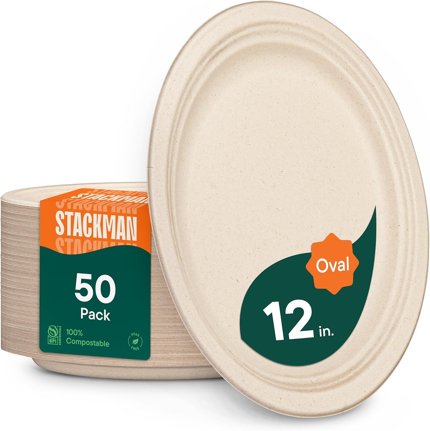 100% Compostable Oval Paper Plates [12.5 inch - 50-Pack] Elegant Disposable Dinner Platter Heavy-Duty Quality Natural Bagasse Unbleached Eco-Friendly Made of Sugar Cane Fibers [12.5" x 10" Platter]