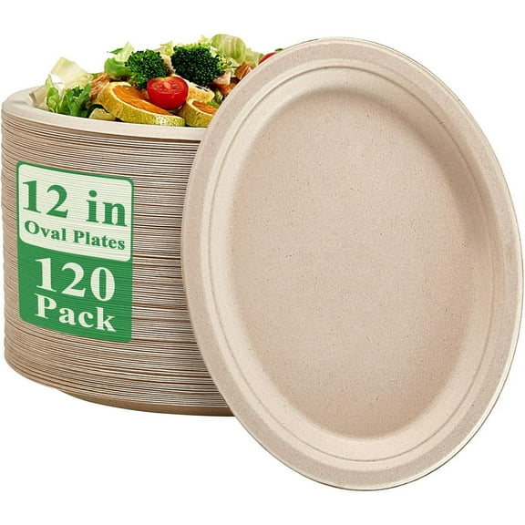 100% Compostable Oval Paper Plates 12 inch 120 Pack Super Strong Disposable Dinner Plates Natural Biodegradable Eco-Friendly Sugarcane Plates for BBQ, Party, Gathering, and Picnic