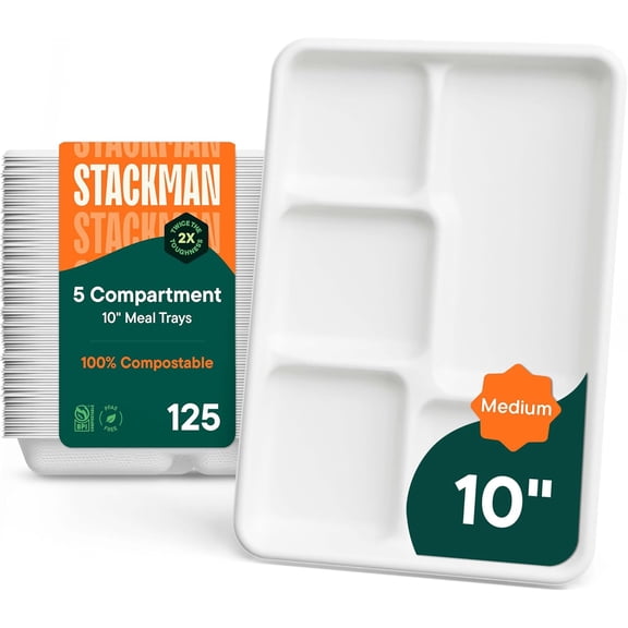 Stack Man 100% Compostable Paper Plate 125-Pack 5-Compartment Bagasse School Lunch Tray, Heavy Duty Quality Disposable Tray, Eco-Friendly Made of Sugar Cane Fibers