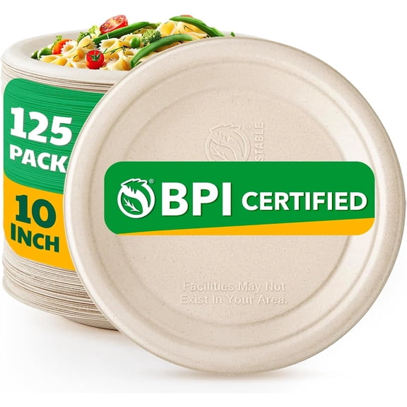 100% Compostable Paper Plates, 10 Inch, 125 Count, Biodegradable Bagasse Plates, Heavy Duty Disposable Plates Bulk for Party | Microwave-Safe | Soak-Resistant, Cut Resistant