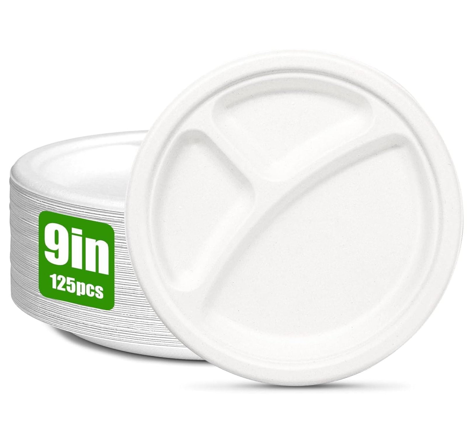 100 Compostable Paper Plates 125 Pack 9 Inch 3 Compartment Disposable Plates Eco Friendly Heavy Duty Biodegradable Plates for Picnics Dinner Birthday Party Camping BBQ Walmart