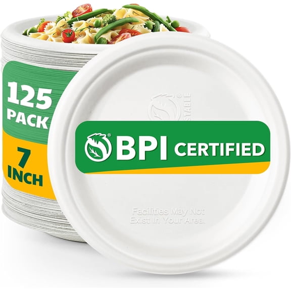 100% Compostable Paper Plates, 7 Inch, 125 Count, Heavy Duty Disposable Plates by Biodegradable Bagasse, Dessert Plates Bulk for Party | Microwave-Safe | Soak-Resistant, Cut Resistant