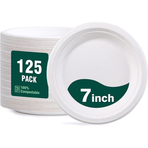 100% Compostable Paper Plates 7 Inch, 125-Pack Heavy Duty Paper Plates Bulk,Biodegradable Bagasse,Eco-Friendly Disposable Dessert Plate for BBQ,Picnic,Party (BPI Certified,Microwaveable)