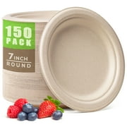 100% Compostable Paper Plates 7 Inch, 150pcs Disposable Heavy-Duty Plates Unbleached Biodegradable Plate Made of Sugarcane Fiber