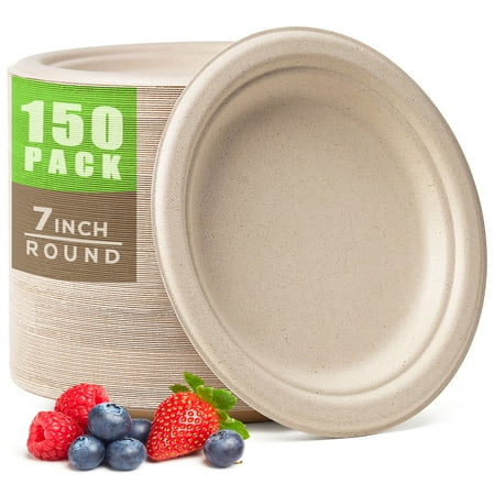 100% Compostable Paper Plates 7 Inch, 150pcs Disposable Heavy-Duty Plates Unbleached Biodegradable Plate Made of Sugarcane Fiber