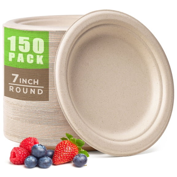 100% Compostable Paper Plates 7 Inch, 150pcs Disposable Heavy-Duty Plates Unbleached Biodegradable Plate Made of Sugarcane Fiber