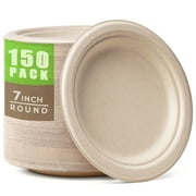 100% Compostable Paper Plates 7 Inch, 150pcs Disposable Heavy-Duty Plates Unbleached Biodegradable Plate Made of Sugarcane Fiber