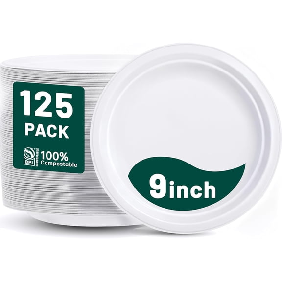 100% Compostable Paper Plates 9 Inch, 125-Pack Heavy Duty Paper Plates Bulk,Biodegradable Bagasse,Eco-Friendly Disposable Dinner Plate for BBQ,Picnic,Party (BPI Certified,Microwaveable)