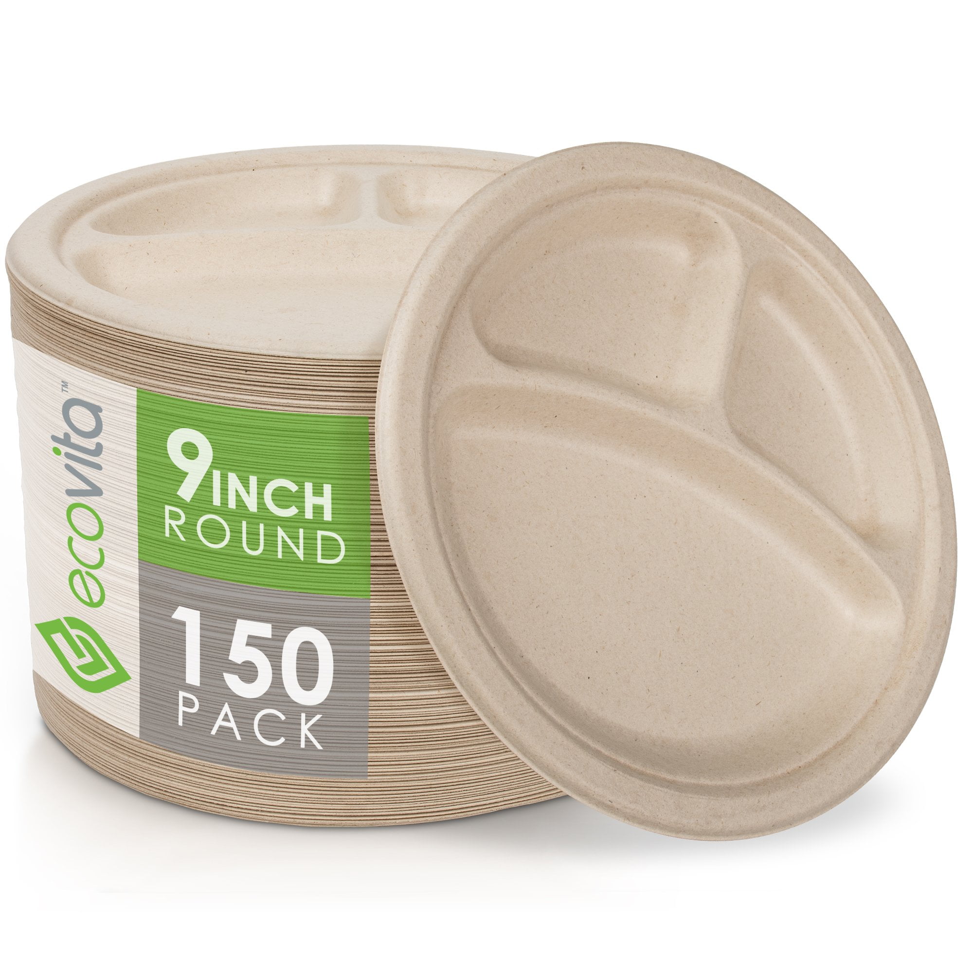 100 Compostable Paper Plates [9 in.] Compartments 150 Disposable