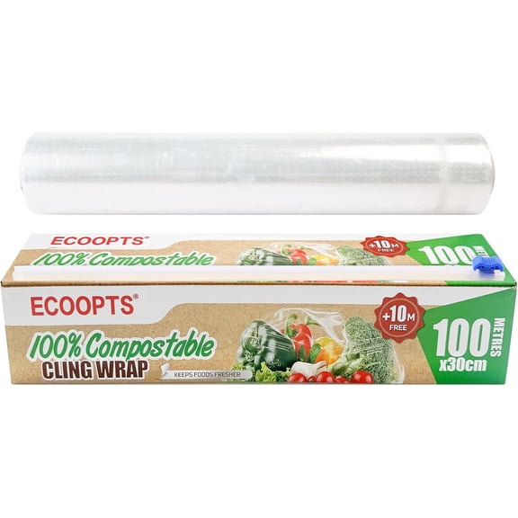 100% Compostable Plastic Cling Wrap Dispenser With Slide Cutter 12 inch Food Service Cling Film Wrap Roll - 12" x 360 Ft ECO friendly Food Wrap(The Slide Cutter stored in The Inner core of The roll)