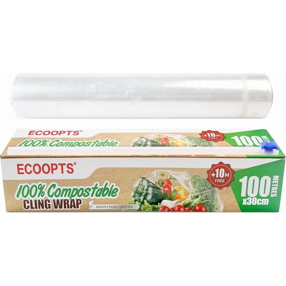 100% Compostable Plastic Cling Wrap Dispenser With Slide Cutter 12 inch Food Service Cling Film Wrap Roll - 12" x 360 Ft ECO friendly Food Wrap(The Slide Cutter stored in The Inner core of The roll)