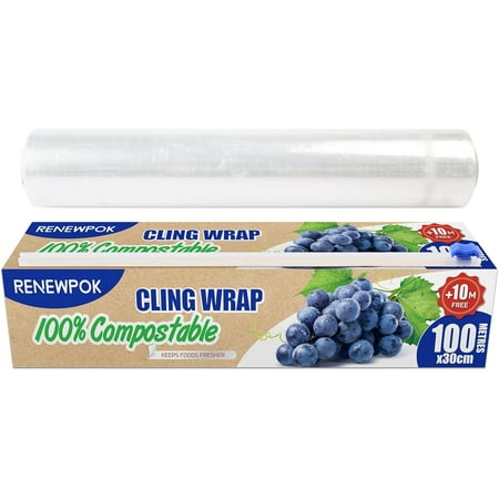 100% Compostable Plastic Wrap Dispenser With Slide Cutter 12 inch Food Service Cling Film Wrap Roll - 12" x 360 Ft ECO friendly Food Wrap(The Slide Cutter stored in The Inner core of The roll)