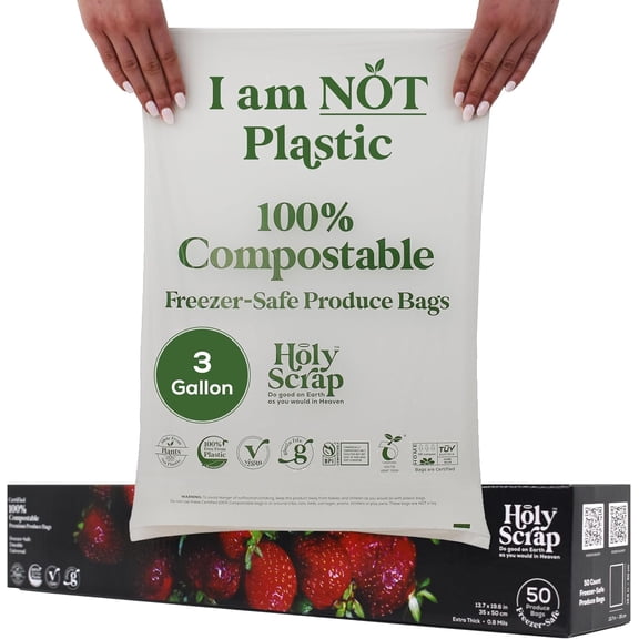 100% Compostable Produce Freezer Bags 3 Gallon Size - 50 Pack - Freezer Safe Bag for Food Storage, Eco Friendly, Plant Based Recyling Kitchen Storage Bags - BPI Certified, OK Compost Home