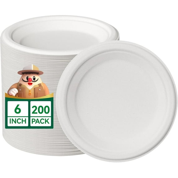 100% Compostable Small Paper Plates, 200 Pack 6 Inch Heavy Duty Dessert Plates, Disposable Biodegradable Eco-Friendly Sugarcane, Bulk White