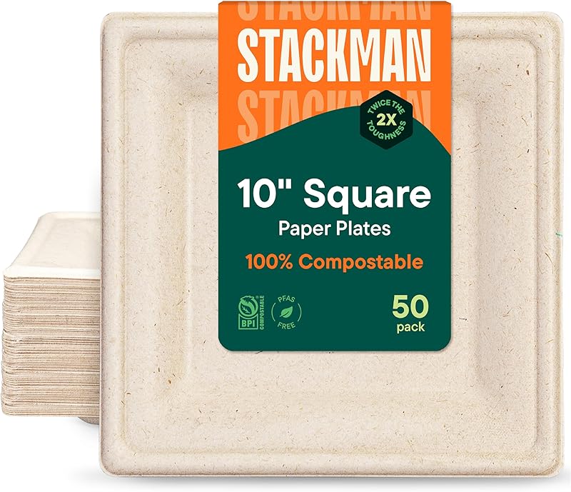 100% Compostable Square Paper Plates [50-Pack] - {PFAS-Free} - {BPI ...