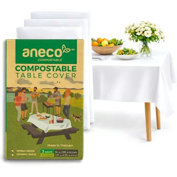 100% Compostable Tablecloths for Rectangle Tables (54''x108'', 3 Count) - White Disposable Rectangular Tablecloth - Anti-Plastic Table Cover for Outdoor, Party, Picnic, Wedding