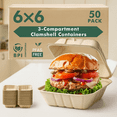 thumbnail image 1 of 100% Compostable To-Go Food Containers with Lids, 6x6 Clamshell Takeout Boxes 50 Pack | Eco-Friendly Sugarcane Fiber Burger Box | Biodegradable, Heavy-Duty, Microwave & Freezer Safe, 1 of 8
