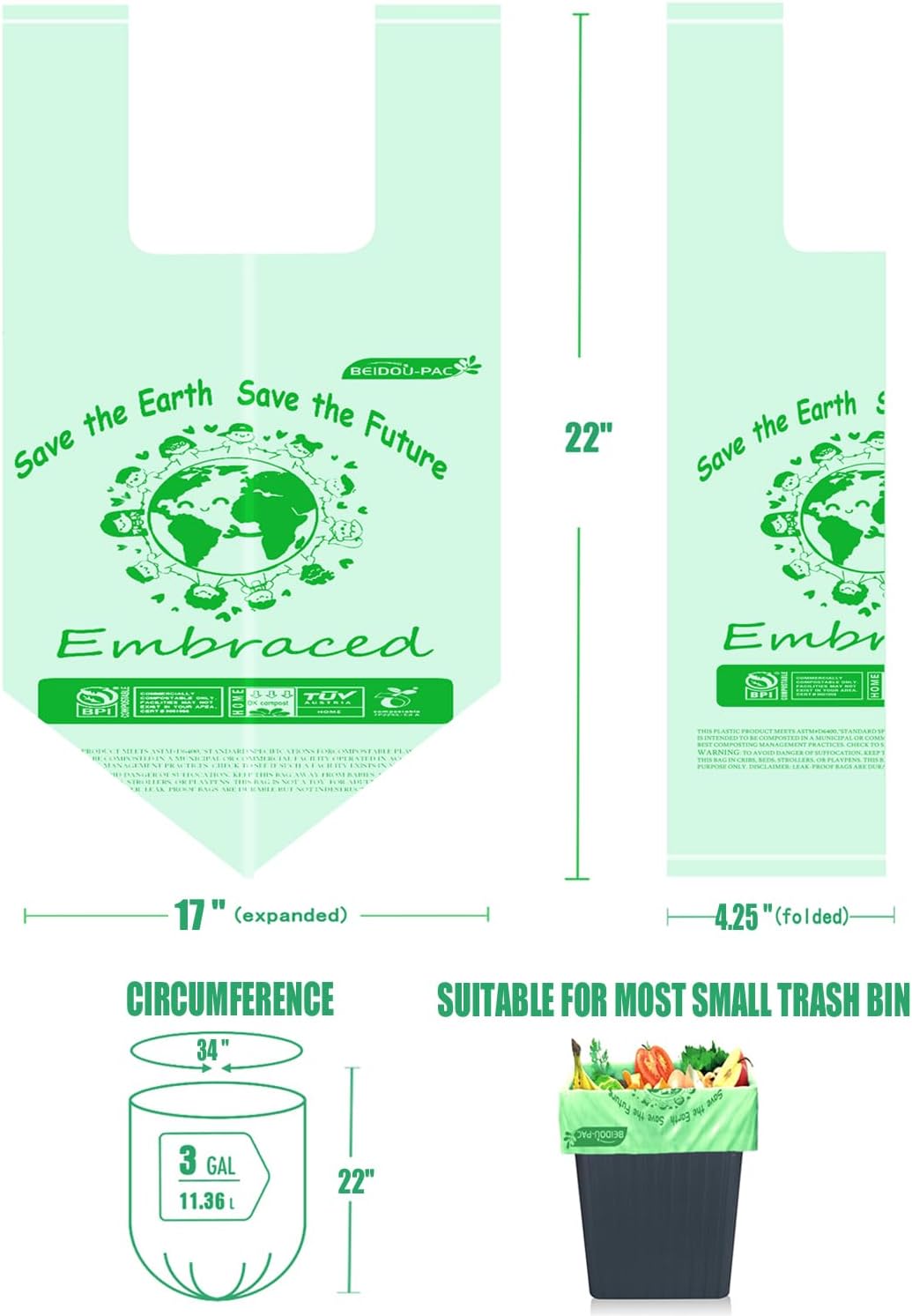 100 Compostable Trash Bags, 3 Gallon Compost Bags Small Kitchen Trash