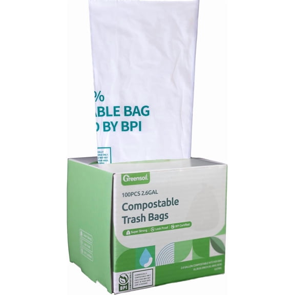 100% Compostable Waste Bags 2.6 Gallon, Extra Thick Kitchen Small Compost Bags for Countertop Bin, Bathroom or Office Waste, ASTM D6400 BPI Certified Compostable & Leak Proof, 100 Pack