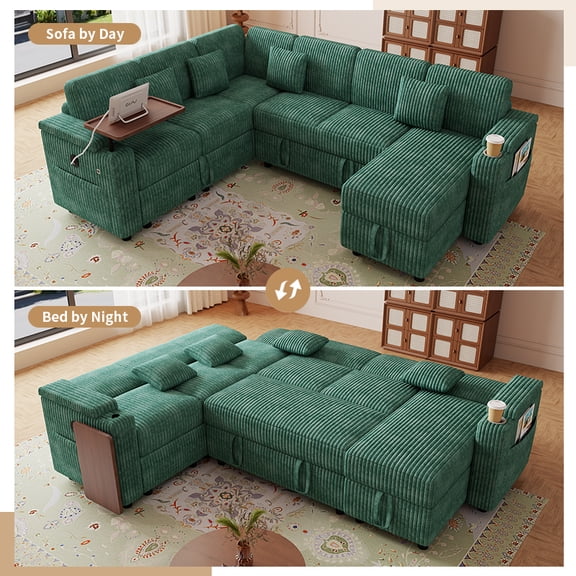 100" Convertible Sectional Modular Sofa Couch with Storage & Table Board, 7 Seat Corduroy Pull Out Sofa Couch with USB Ports and Cup Holder for Apartment, Entertainment Space, Guest Use,Green