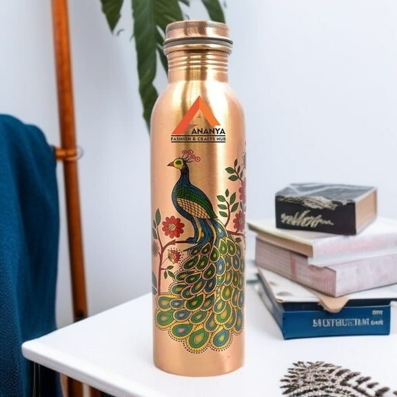Pure Copper Bottle for Water, Digital Printed, Outside Peacock Design, Joint Less, Capacity 1000 ML