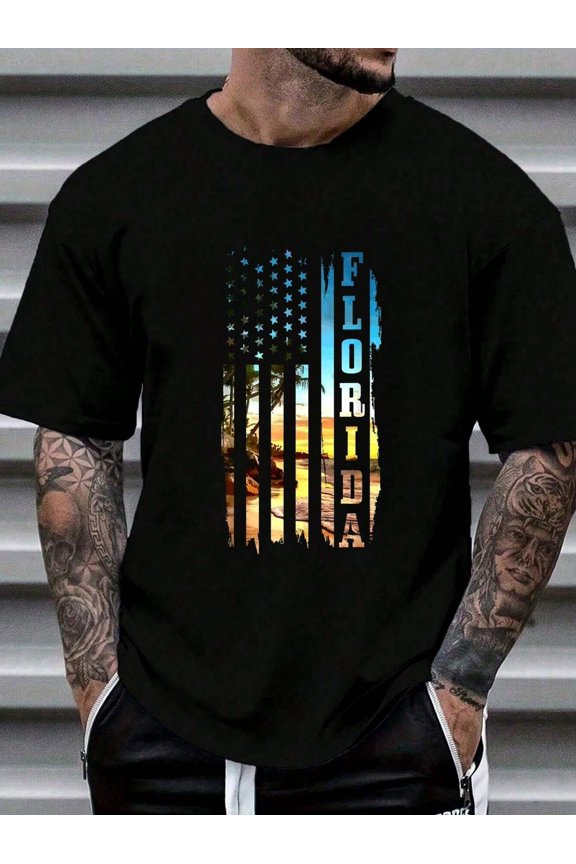 100% Cotton 100% Cotton Florida American Flag Pride Beach Surfer Patriotic Gift T-Shirt 's Men's Graphic Tee Causal Tops Fashion Tshirt Short Sleeve T-Shirt Popular Style Men's T-Shirt