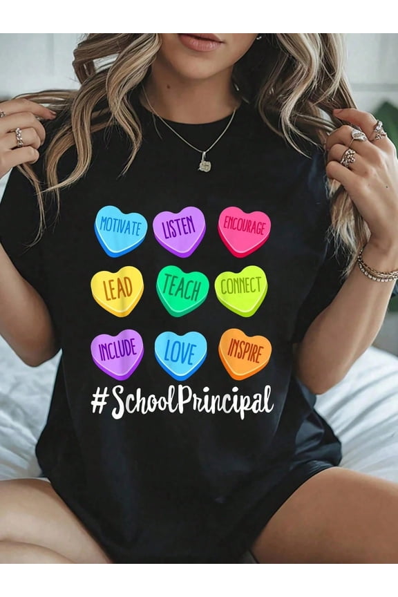 100% Cotton 100% Cotton School Principal Teacher Valentine's Day Pastel Candy Heart T-S Graphic Tees Women Graphic Tees Women