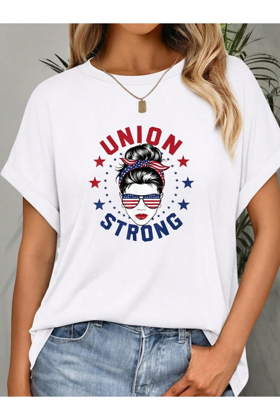 100% Cotton 100% Cotton Union Strong For Women Labor Day Messy Bun USA Flag T-Shirt Summer Tops For Women