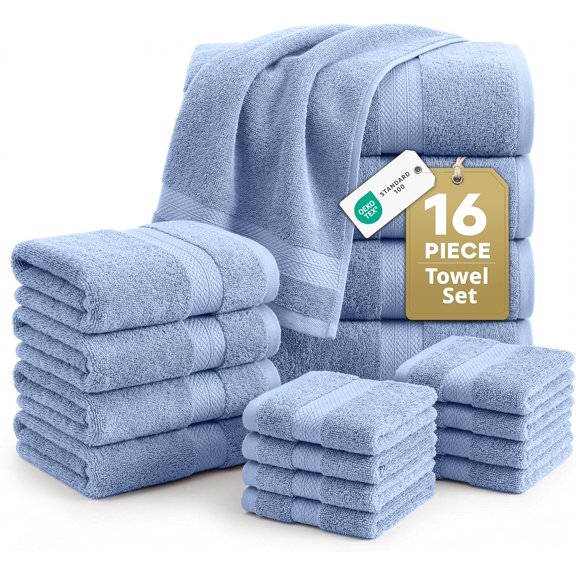 100% Cotton 16 Piece Bath Towel Set: 4 Bath Towels 8 Washcloths 4 Hand Towels Cerulean Blue