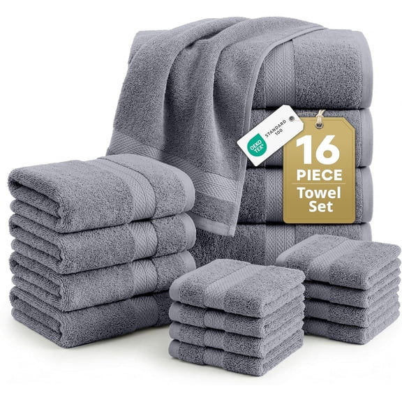 100% Cotton 16 Piece Bathroom Towel Set 4 Bath, 8 Washcloths, 4 Hand Towels Soft Absorbent Quick Dry Cool Grey