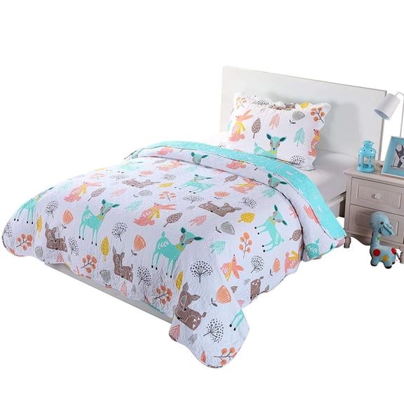100% Cotton 2/3 Pcs Soft Deer Pattern Quilt Bedspread Comforter Set for Bedroom