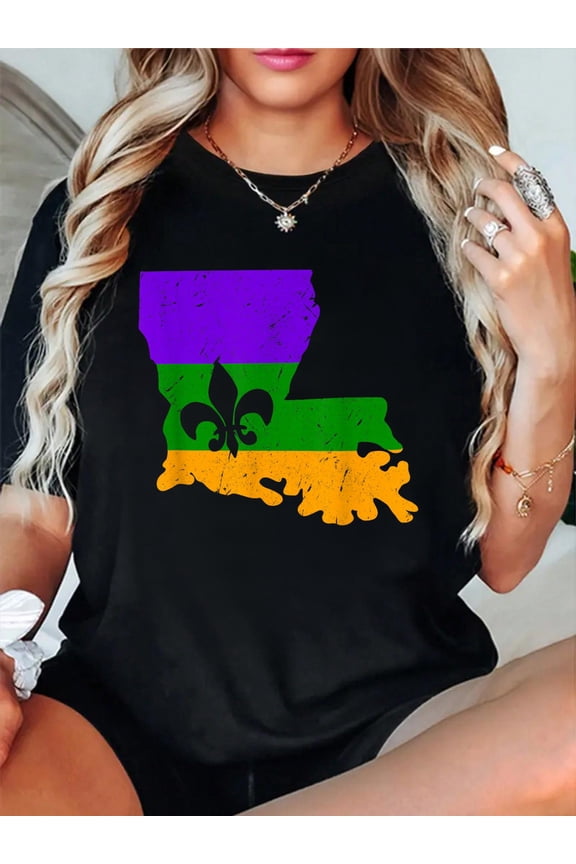 100% Cotton 2019 Mardi Gras Shirt Supply Distressed Mardi Gras Fleur De Lis T-Shirt Short Sleeve T-Shirt Small Print Round Neck Cotton T-Shirt