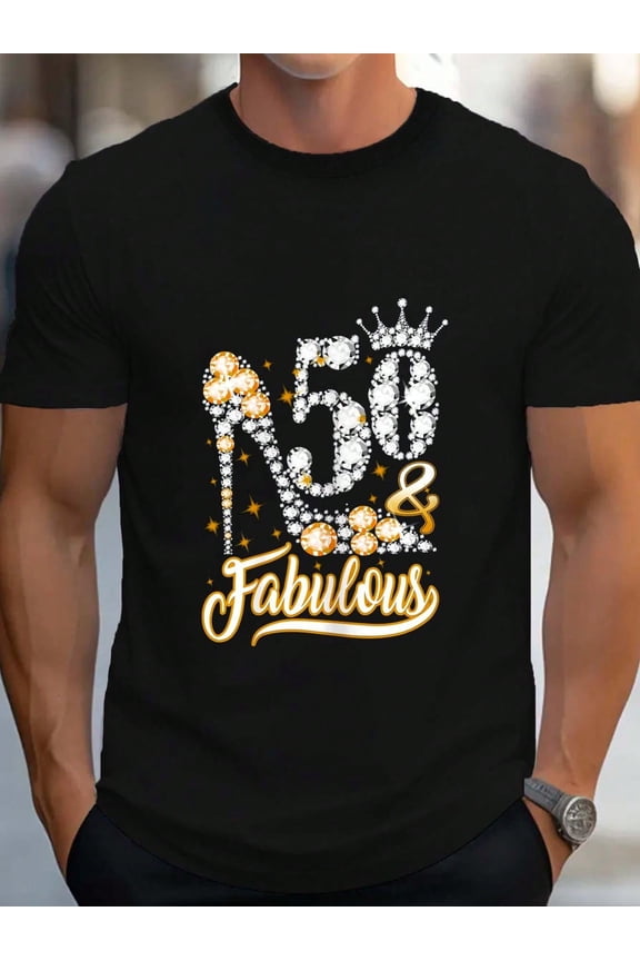 100% Cotton 50 & Fabulous 50 Years Old 50th Birthday Diamond Crown Shoes T-Shirt Women's Men's Graphic Tee Causal Tops