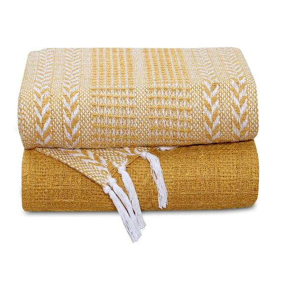 100% Cotton, 50 x 60 Inches | Vintage Decorative Boho Throw Blankets for Couch, Sofa, Bed, Farmhouse and Home Decor | Lightweight and Super with Fringe (Set of 2)