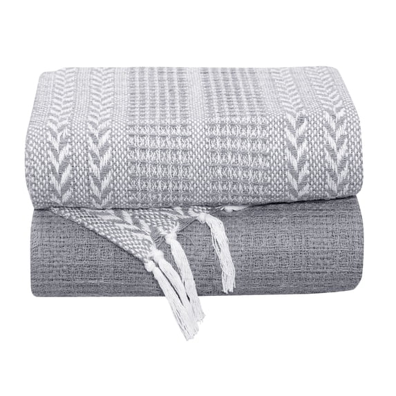 100% Cotton, 50 x 60 Inches | Vintage Decorative Boho Throw Blankets for Couch, Sofa, Bed, Farmhouse and Home Decor | Lightweight and Super with Fringe (Set of 2)