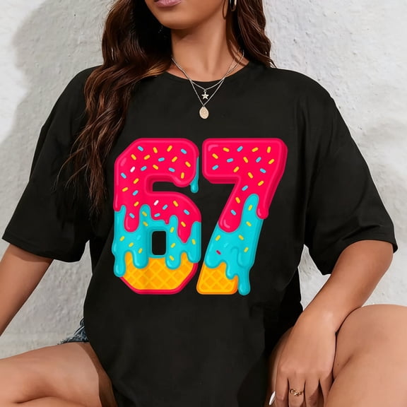 100% Cotton 67 Ice Cream Drip Meme Funny Six Seven Gen Alpha Slang Gifts T-Shirt
