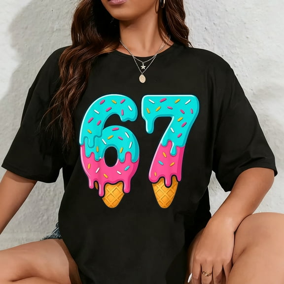 100% Cotton 67 Ice Cream Drip Meme Funny Six Seven Gen Alpha Slang T-Shirt