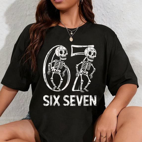 100% Cotton 67 Skeleton Funny Six Seven Gen Alpha Halloween 6-7 Meme T ...